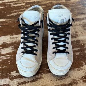 P448 White and Tan High-Top Sneakers with Black Laces